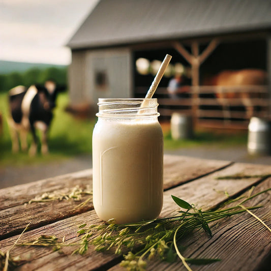 Beef protein powder protein milkshake in a jar with raw beef liver on a wooden table and cows grazing in the background.